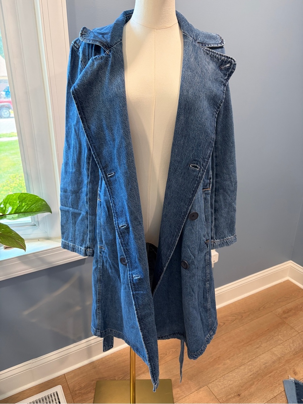 GAP Denim Belted Trench Coat Jacket Small Dark Wash NWT Chambray - Picture 6 of 9